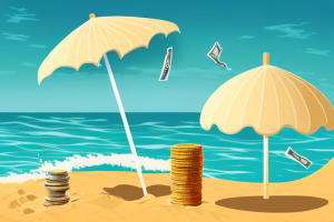 A beach scene with a beach umbrella and a pile of money in the sand