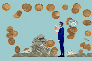 A person standing in front of a large pile of coins and bills