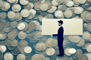 A person standing in front of a large stack of coins