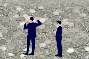 A person standing in front of a large pile of coins representing the amount of money needed for retirement