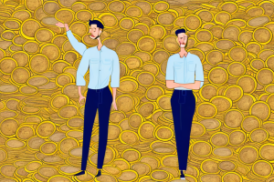 A person standing in front of a large pile of gold coins