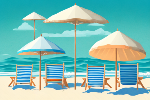 A beach scene with a beach chair and umbrella