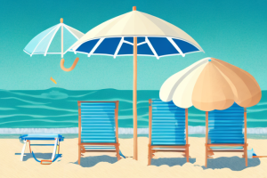 A beach scene with a beach chair and umbrella