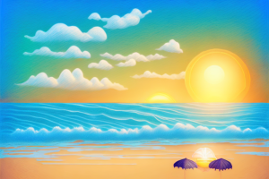 A beach scene with a sunset in the background