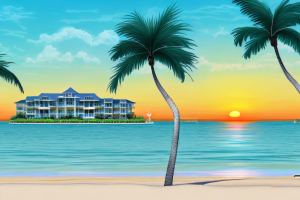 A beachfront retirement home with a palm tree and a sunset