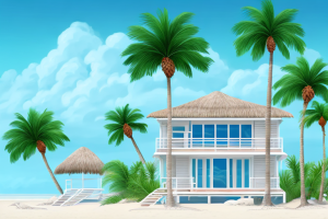 A beachfront home with a palm tree in the foreground