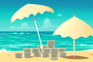 A beach scene with a beach umbrella and a pile of money