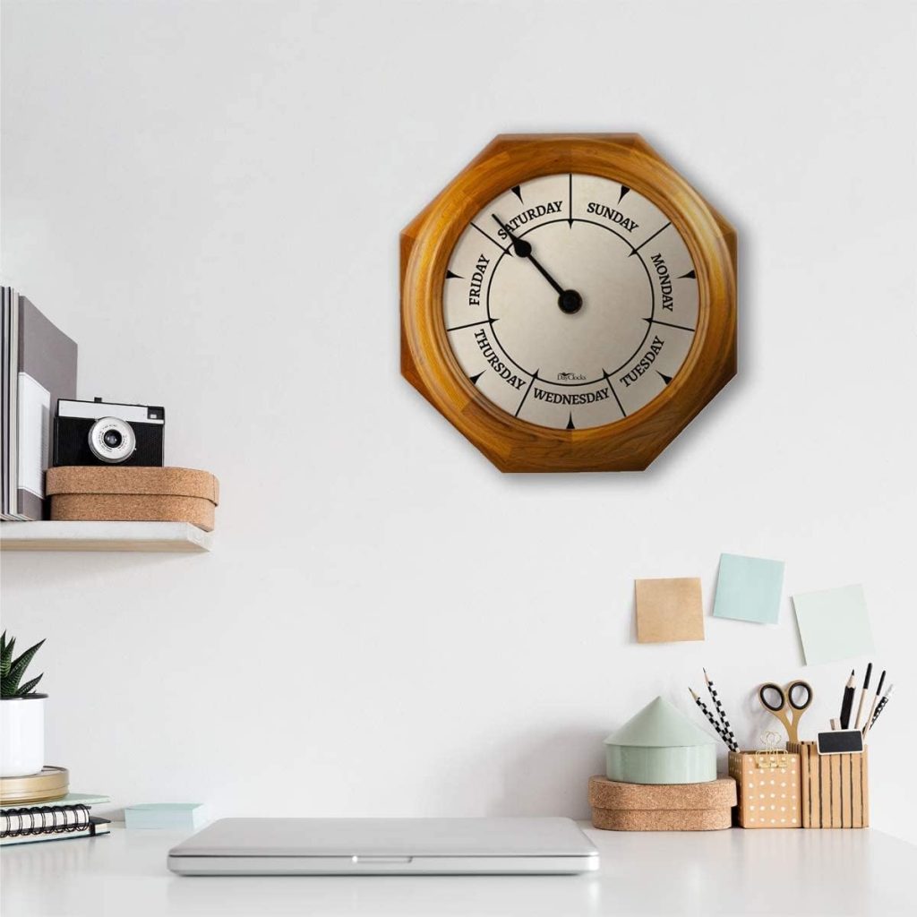 DayClocks Classic Day of The Week Wall Clock with Solid Wood Frame – Calendar Day Clock – Ideal Retirement Gift for Men  Women – Oak, 10