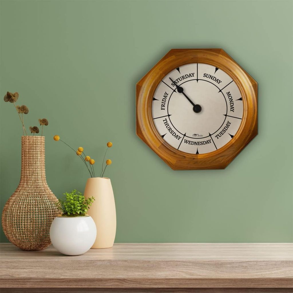 DayClocks Classic Day of The Week Wall Clock with Solid Wood Frame – Calendar Day Clock – Ideal Retirement Gift for Men  Women – Oak, 10