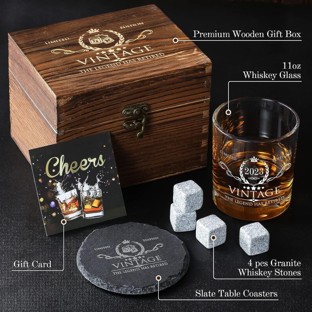 Retirement Gifts for Men Whiskey Glass Set - The Legend Has Retired 2023 - Retirement Party Decorations, Supplies - Gifts Ideas for Him, Dad, Husband, Friends - Wood Box  Whiskey Stones  Coaster