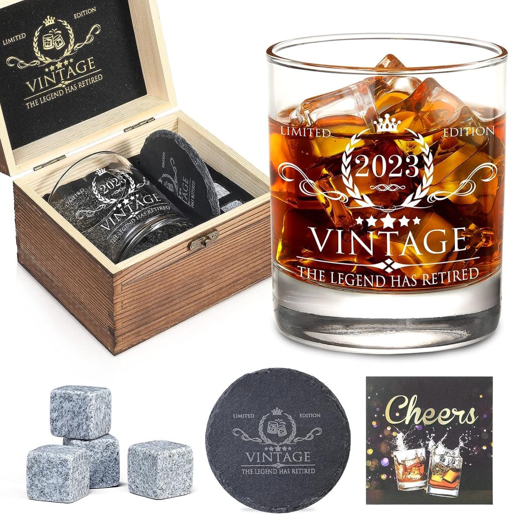 Retirement Gifts for Men Whiskey Glass Set - The Legend Has Retired 2023 - Retirement Party Decorations, Supplies - Gifts Ideas for Him, Dad, Husband, Friends - Wood Box  Whiskey Stones  Coaster